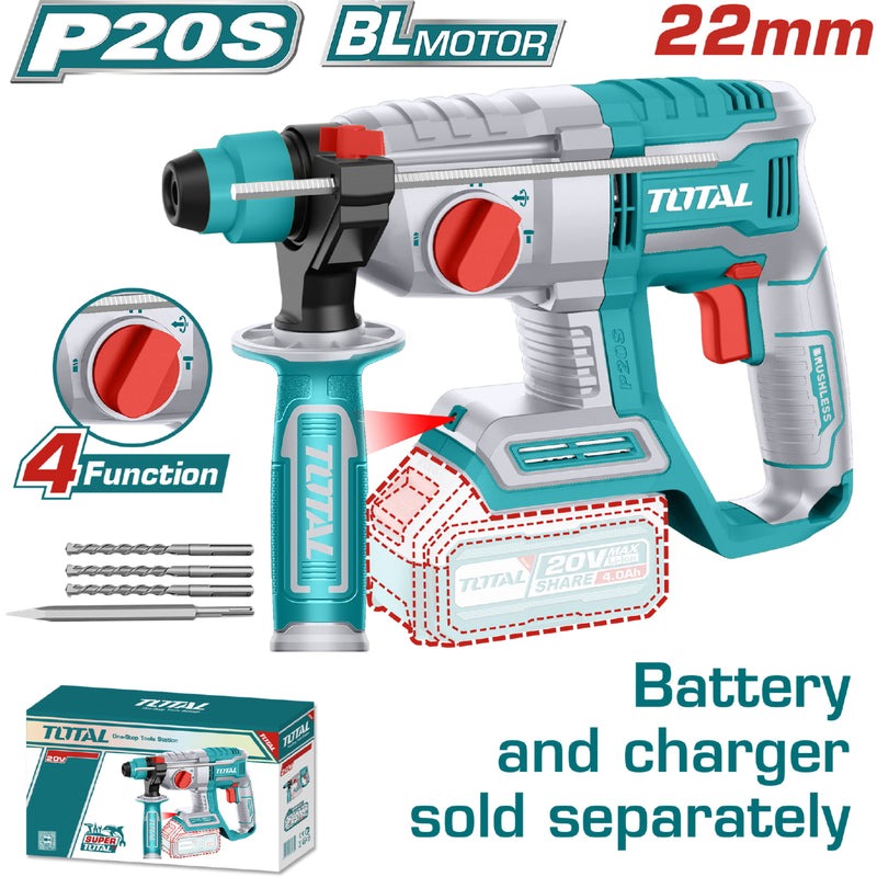 TALADRO ROTOMARTILLO INALAMBRICO 20V SDS PLUS 2.0J 3 BROCAS 1 CINCEL SIN BATERIA NI CARGADOR (TOTAL)