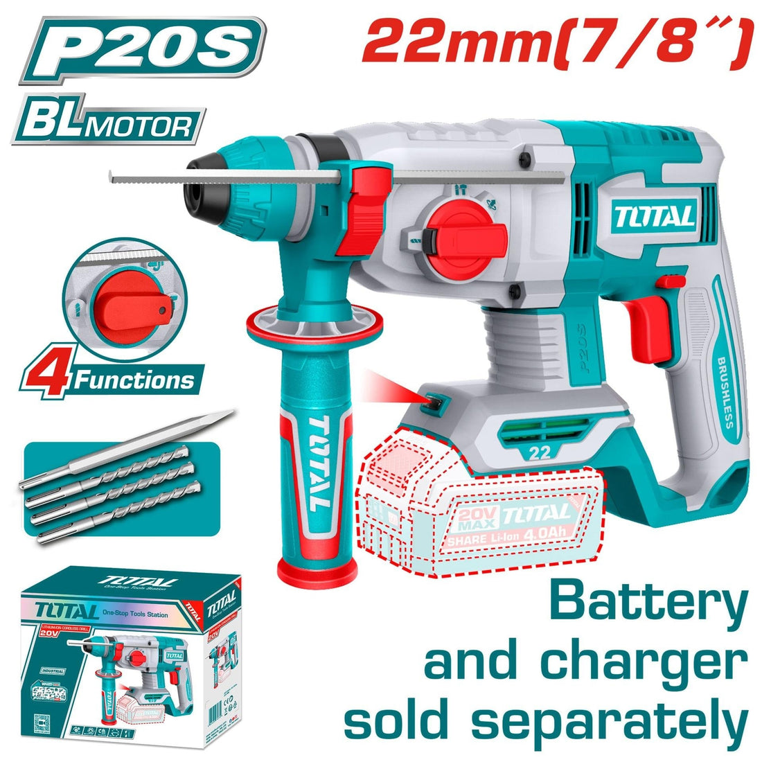 TALADRO ROTOMARTILLO SDS PLUS 7/8" 20V 4.5 JULES INCLUYE ACCESORIOS BATERIA Y CARGADOR NO INCLUIDO INDUSTRIAL SUPER TOTAL