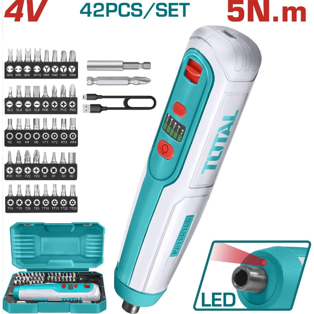 ATORNILLADOR INALAMBRICO 4V CAJA PLASTICA 42PZS TOTAL