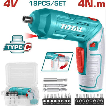 ATORNILLADOR 4V ESTUCHE PLASTICO + 16 PUNTAS TALADRO DE 25MM, 2 DE 50MM SUPER TOTAL (TSDLI0442)