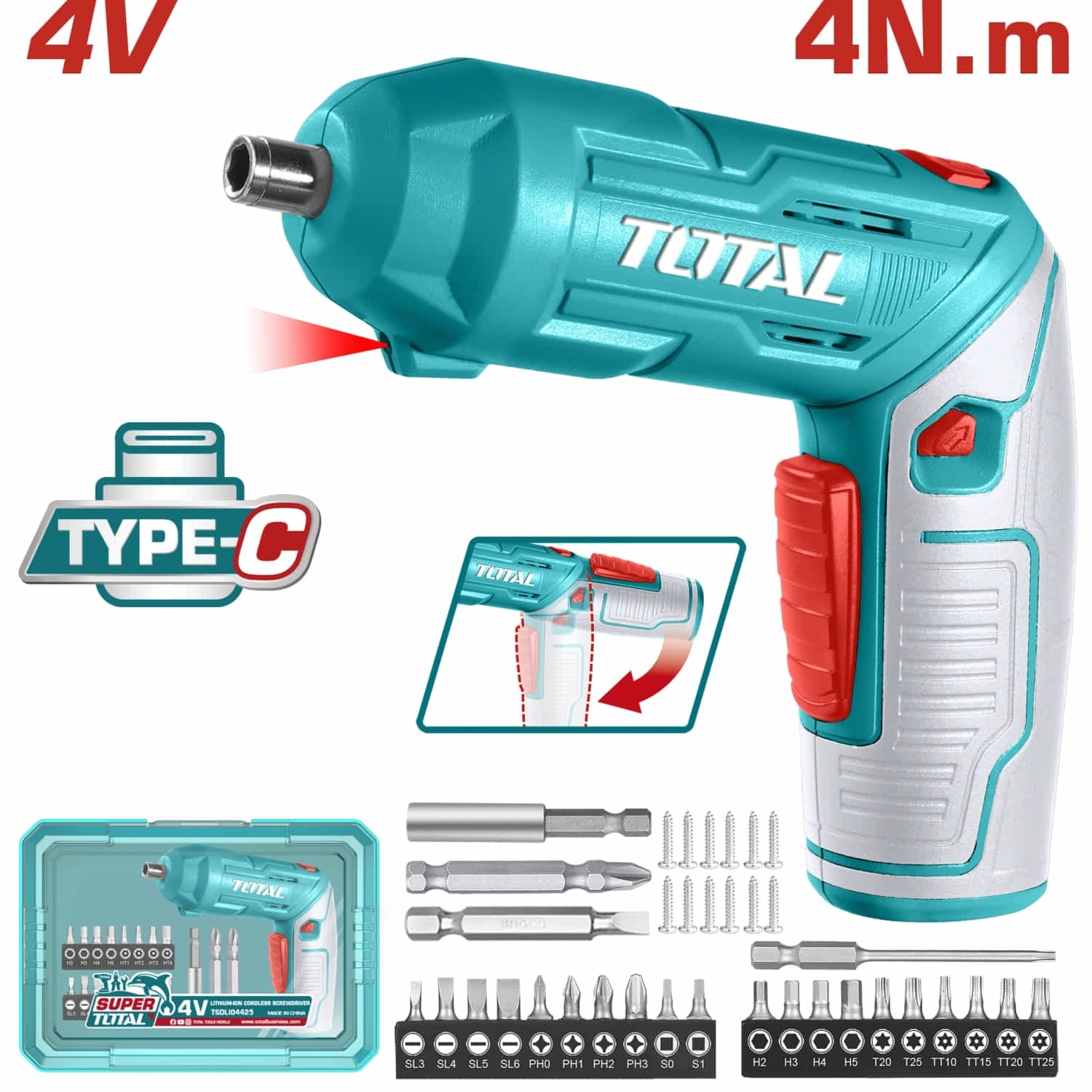 ATORNILLADOR INALAMBRICO 4V ESTUCHE PLASTICO + 20 PUNTAS TALADRO DE 25MM, 2 DE 50MM, 1 BROCA