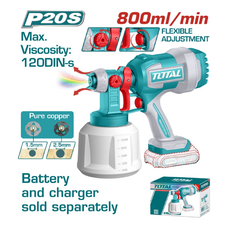 PISTOLA DE PINTAR INALAMBRICA 800ML 20V INCLUYE AGUJA DE LIMPIEZA Y DOS BOQUILLAS, BATERIA Y CARGADOR NO INCLUIDO TOTAL (TSGL