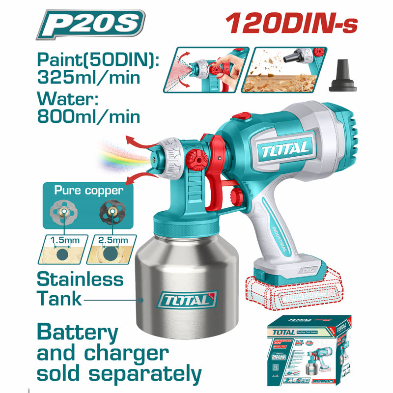 PISTOLA PINTAR INALAMBRICA 800ML 20V VASO METALICO INCLUYE AGUJA DE LIMPIEZA Y DOS BOQUILLAS, BATERIA Y CARGADOR NO INCLUIDO 