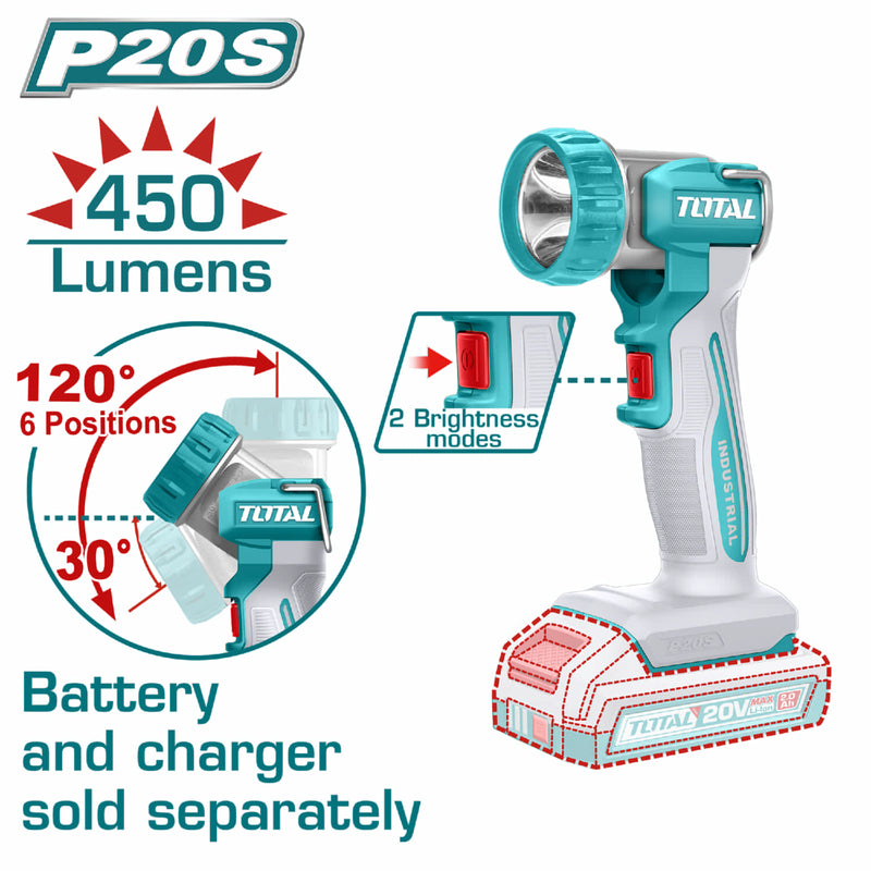LINTERNA INALAMBRICA 450 LUMENES 20V INDUSTRIAL BATERIA Y CARGADOR NO INCLUIDO SUPER TOTAL (TWLI2058)