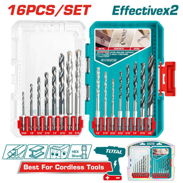 JUEGO DE BROCAS X 16 PZS PARA MURO, MADERA Y LAMINA CON VASTAGO EXAGONAL INDUSTRIAL TOTAL