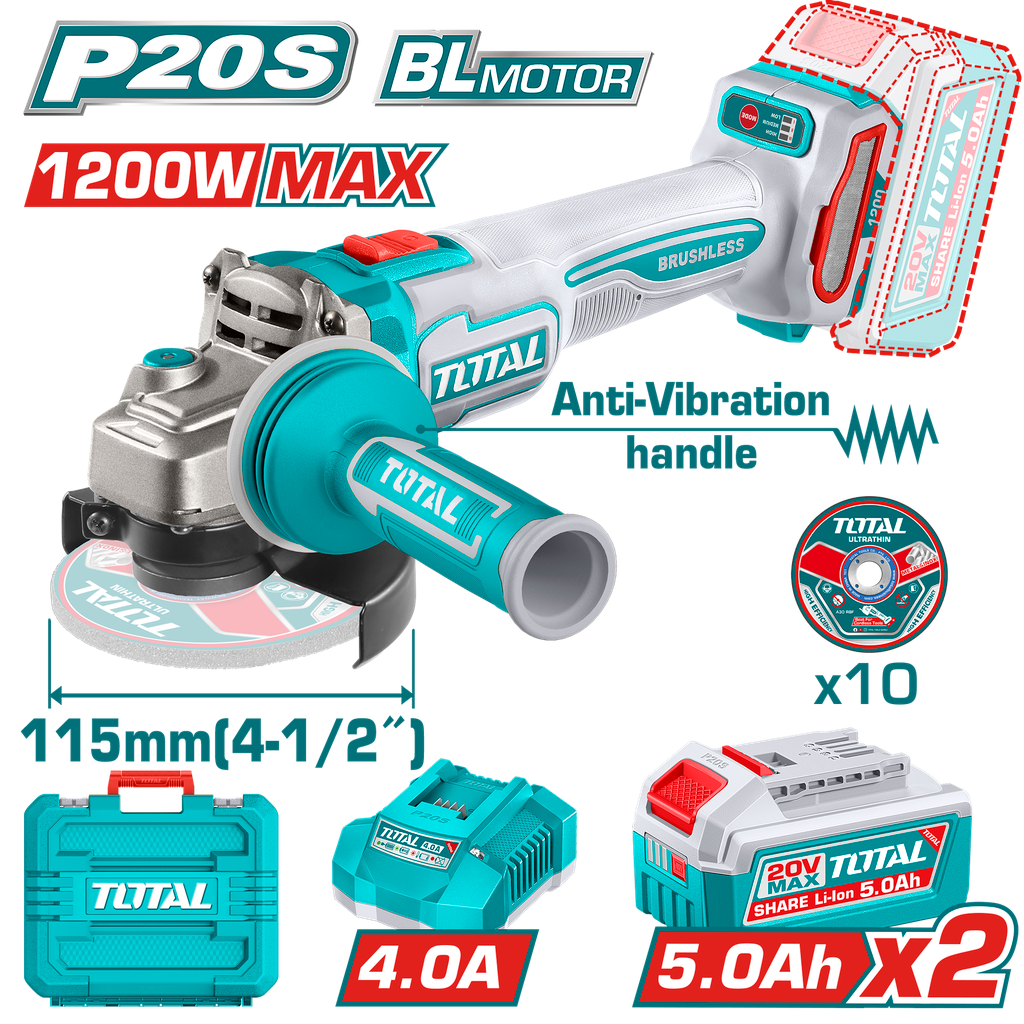 PULIDORA INALAMBRICA 4 1/2 INDUSTRIAL 20V 1200W INCLUYE 10 DISCOS PARA CORTE DE METAL 2  BATERIAS 5.0 AH Y CARGADOR , MOTOR S