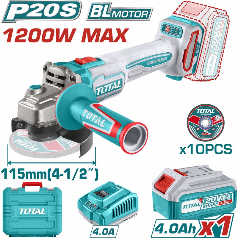 PULIDORA 20V 4 1/2" (1200W) BRUSHLESS + 1 BATERÍA 4.0AH + CARGADOR + 10 DISCOS/INDUSTRIAL (TOTAL)