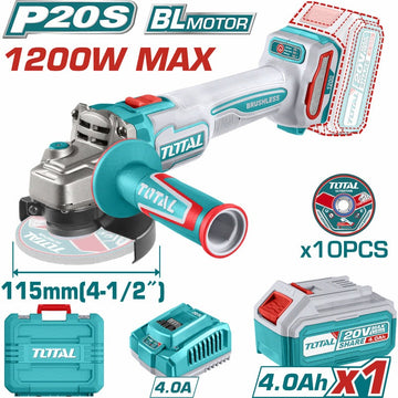 PULIDORA 20V 4 1/2" (1200W) BRUSHLESS + 1 BATERÍA 4.0AH + CARGADOR + 10 DISCOS/INDUSTRIAL (TOTAL)