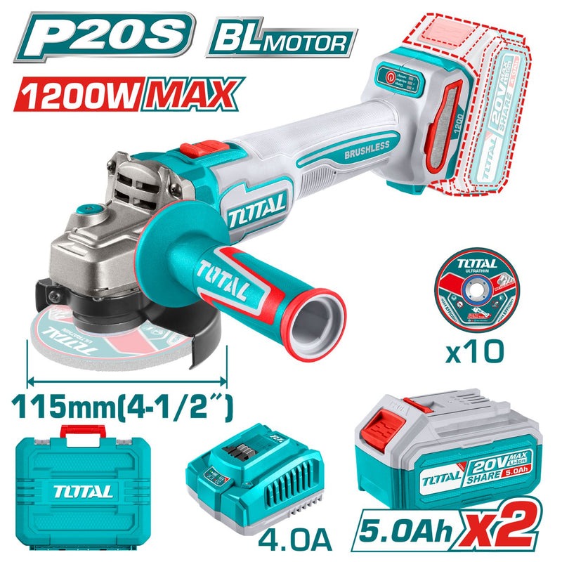 PULIDORA INALAMBRICA 4 1/2 INDUSTRIAL 20V 1200W INCLUYE 10 DISCOS PARA CORTE DE METAL 2 BATERIAS 5.0 AH Y CARGADOR , MOTOR SI