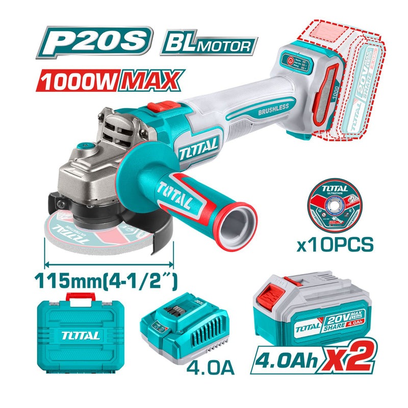 PULIDORA INALAMBRICA 4 1/2 INDUSTRIAL 20V 1000W INCLUYE 10 DISCOS PARA CORTE DE METAL 2  BATERIAS 4.0 AH Y CARGADOR , MOTOR S