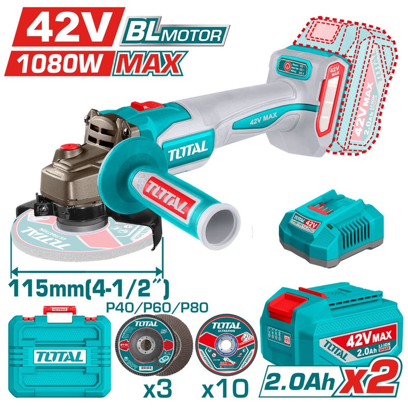PULIDORA INALAMBRICA 4 1/2 INDUSTRIAL 42V 1080W INCLUYE DISCOS 2 BATERIAS 2.0 AH Y CARGADOR , MOTOR SIN ESCOBILLAS INDUSTRIAL