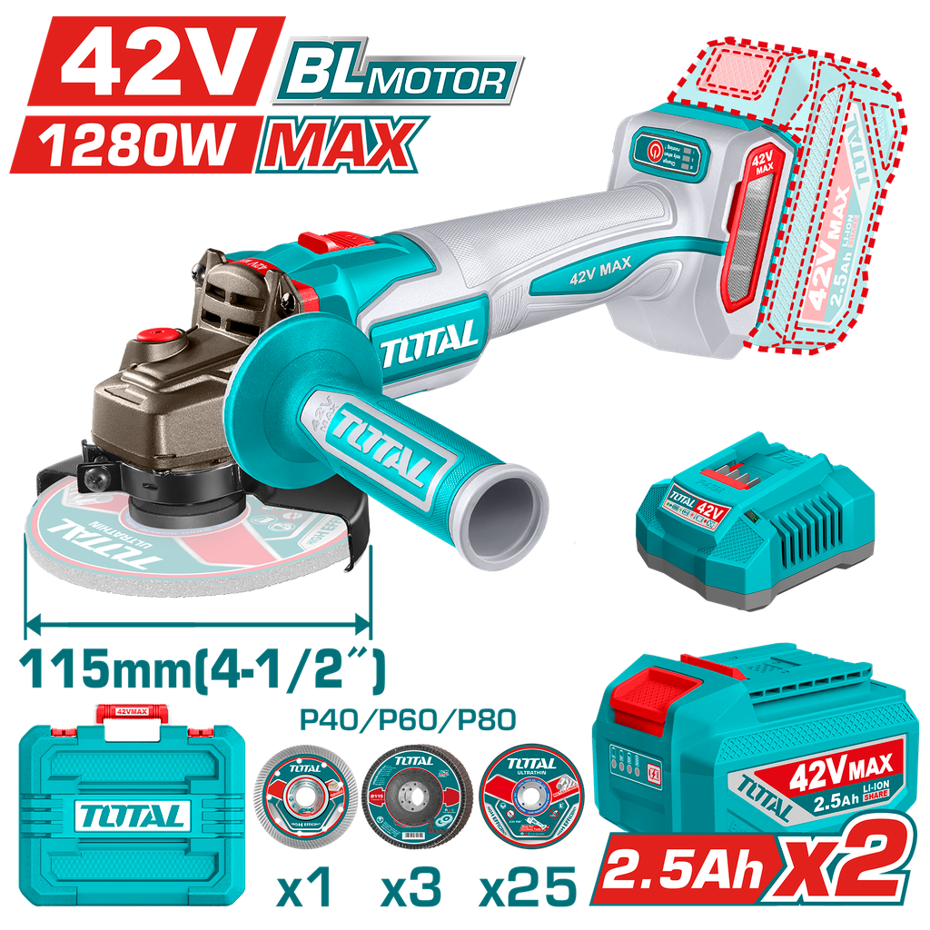 PULIDORA INALAMBRICA 4 1/2 INDUSTRIAL 42V 1280W INCLUYE DISCOS 2 BATERIAS 2.0 AH Y CARGADOR , MOTOR SIN ESCOBILLAS INDUSTRIAL
