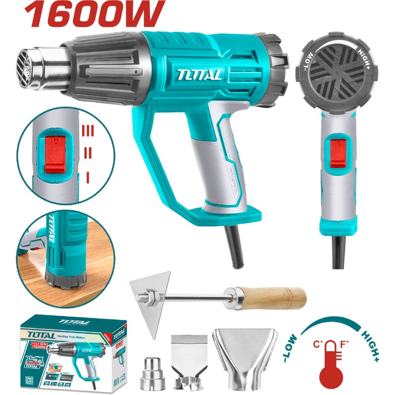 PISTOLA DE CALOR 1600W TEMPERATURA AJUSTABLE 3 BOQUILLAS 1 RASCADOR INDUSTRIAL (TOTAL)