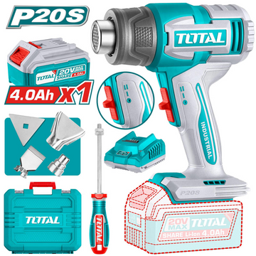 PISTOLA CALOR INALAMBRICA 20V CON TEMPERATURA AJUSTABLE INCLUYE 4 BOQUILLAS 1 BATERIA 4.0AH Y 1 CARGADOR INDUSTRIAL SUPER TOT