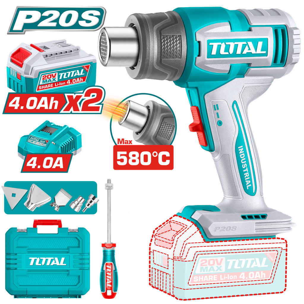 PISTOLA CALOR INALAMBRICA  20V CON TEMPERATURA AJUSTABLE 30-580°C  INCLUYE 4 BOQUILLAS 1 RASCADOR + 2  BATERIA  4.0AH  Y CARG