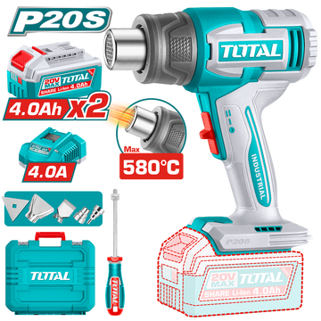 PISTOLA CALOR INALAMBRICA  20V CON TEMPERATURA AJUSTABLE 30-580°C  INCLUYE 4 BOQUILLAS 1 RASCADOR + 2  BATERIA  4.0AH  Y CARG