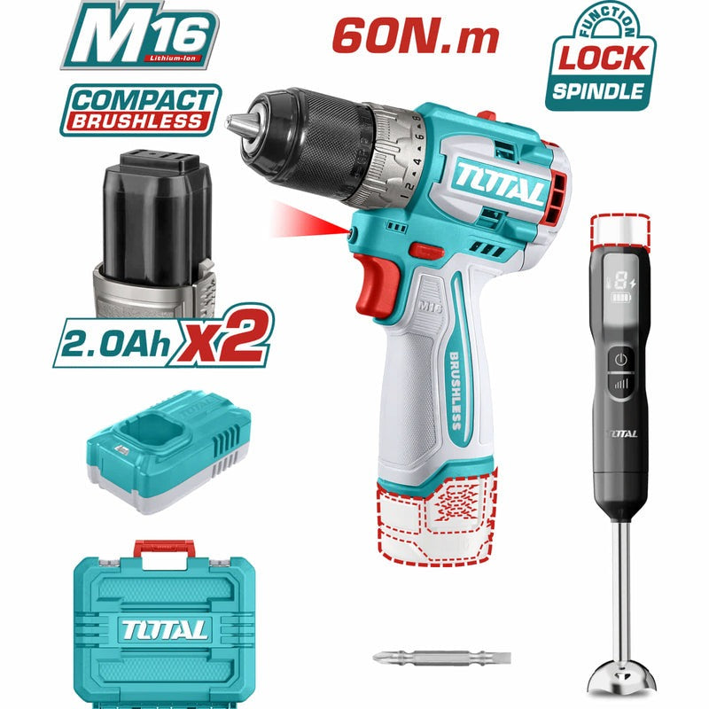 TALADRO INALAMBRICO 1/2" 16V 60NM + 2 BAT. 2.0AH, CARGADOR Y BATIDORA DE MANO