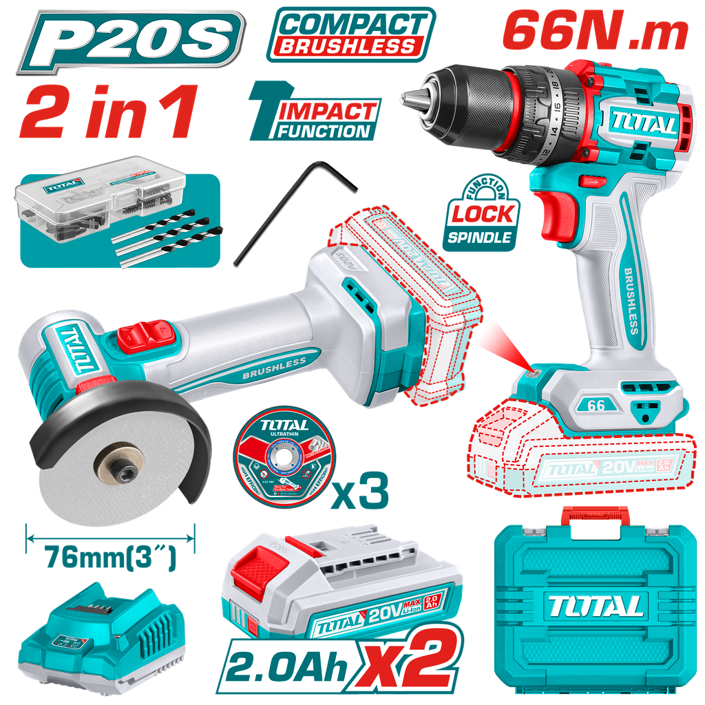 COMBO INALAMBRICO 20V X 2 PZS TALADRO PERCUTOR 1/2"  66 N.M + MINI PULIDORA 3" INCLUYE 2 BATERIAS  2.0 AH + CARGADOR  + 3 DIS