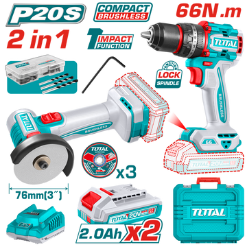 COMBO INALAMBRICO 20V X 2 PZS TALADRO PERCUTOR 1/2"  66 N.M + MINI PULIDORA 3" INCLUYE 2 BATERIAS  2.0 AH + CARGADOR  + 3 DIS
