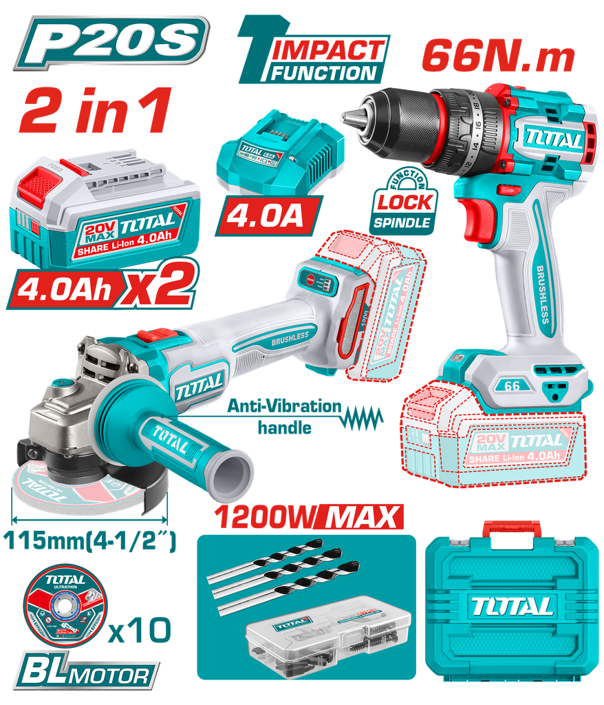 COMBO INALAMBRICO 20V PULIDORA  4 1/2 INDUSTRIAL 1000W + TALADRO PERCUTOR   1/2 66NM  + 2 BATERIAS 4.0AH + CARGADOR + ACCESOR
