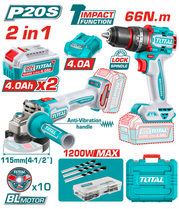 COMBO INALAMBRICO 20V PULIDORA  4 1/2 INDUSTRIAL 1000W + TALADRO PERCUTOR   1/2 66NM  + 2 BATERIAS 4.0AH + CARGADOR + ACCESOR