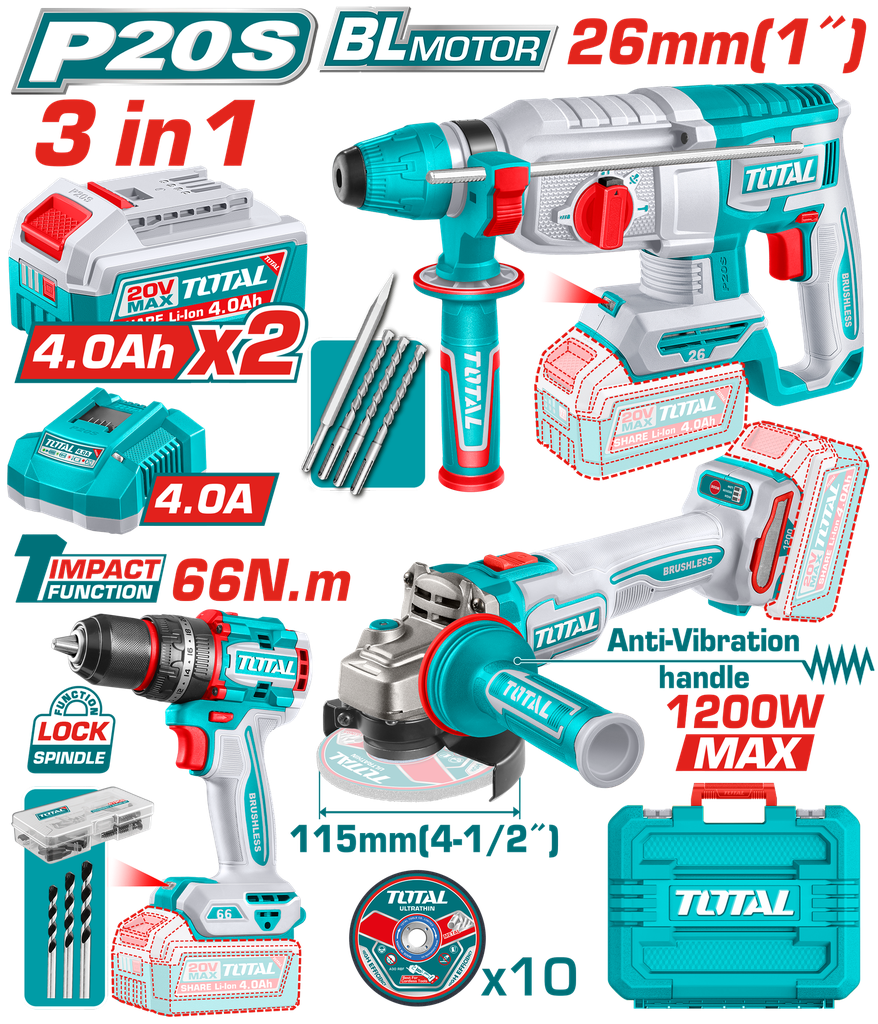 COMBO INALAMBRICO 20V  X 3 PZS TALADRO  INALAMBRICO PERCUTOR 1/2 66 NM +  PULIDORA INALAMBRICA 4 1/2 1200W + TALADRO ROTOMART