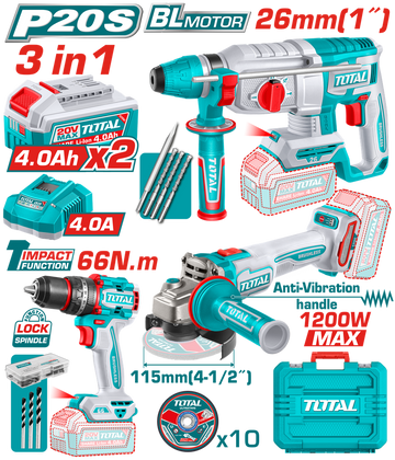 COMBO INALAMBRICO 20V  X 3 PZS TALADRO  INALAMBRICO PERCUTOR 1/2 66 NM +  PULIDORA INALAMBRICA 4 1/2 1200W + TALADRO ROTOMART