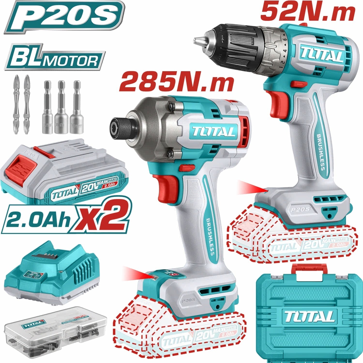 COMBO INALAMBRICO TALADRO 3/8" 52 N.M + ATORNILLADOR IMPACTO 1/4" 20V 285 N.M 2 BATERIAS