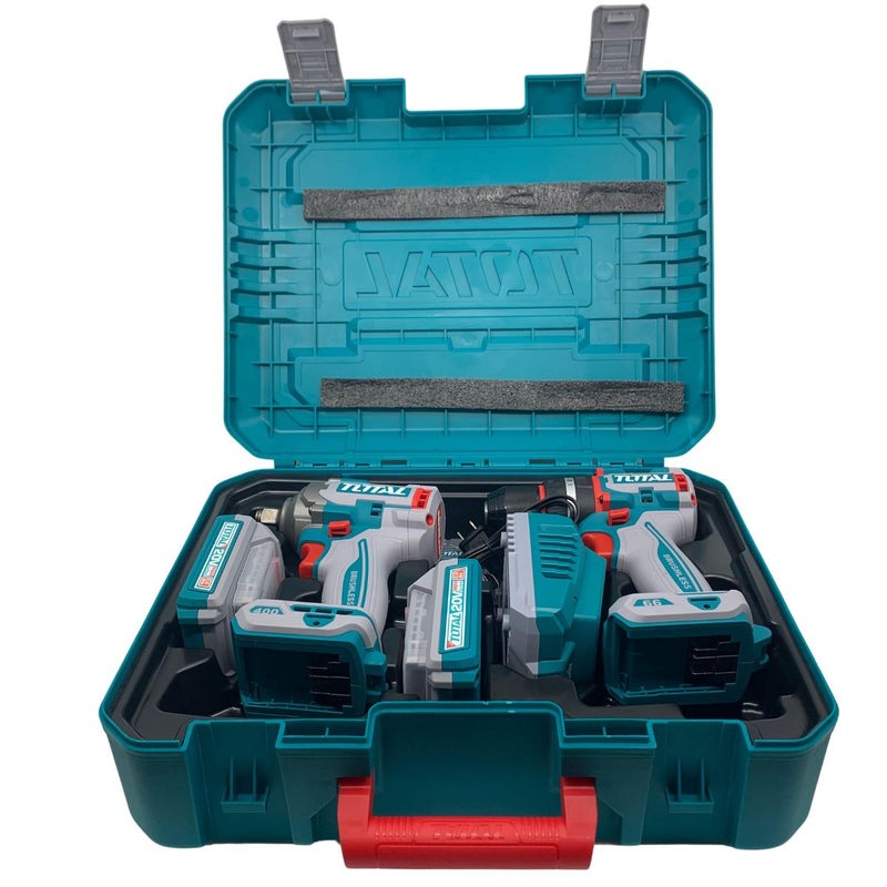 COMBO 20V TALADRO 1/2" 66NM + LLAVE DE IMPACTO 1/2" 400NM + 2 BAT. 2.0AH, CARGADOR Y ACCESORIOS