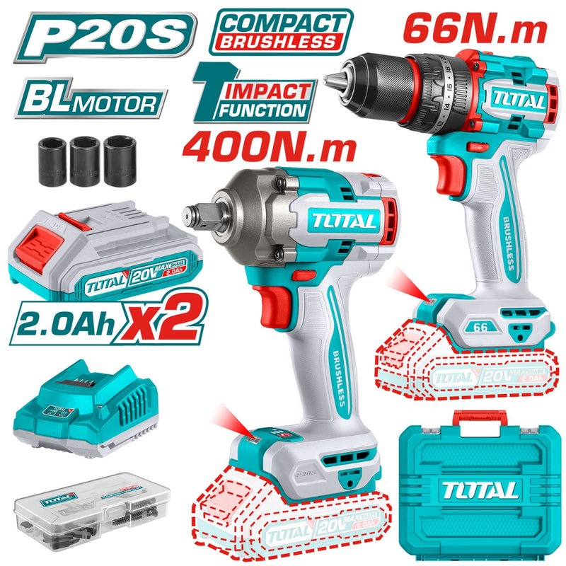 COMBO 20V TALADRO 1/2" 66NM + LLAVE DE IMPACTO 1/2" 400NM + 2 BAT. 2.0AH, CARGADOR Y ACCESORIOS
