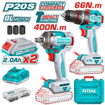 COMBO 20V TALADRO 1/2" 66NM + LLAVE DE IMPACTO 1/2" 400NM + 2 BAT. 2.0AH, CARGADOR Y ACCESORIOS