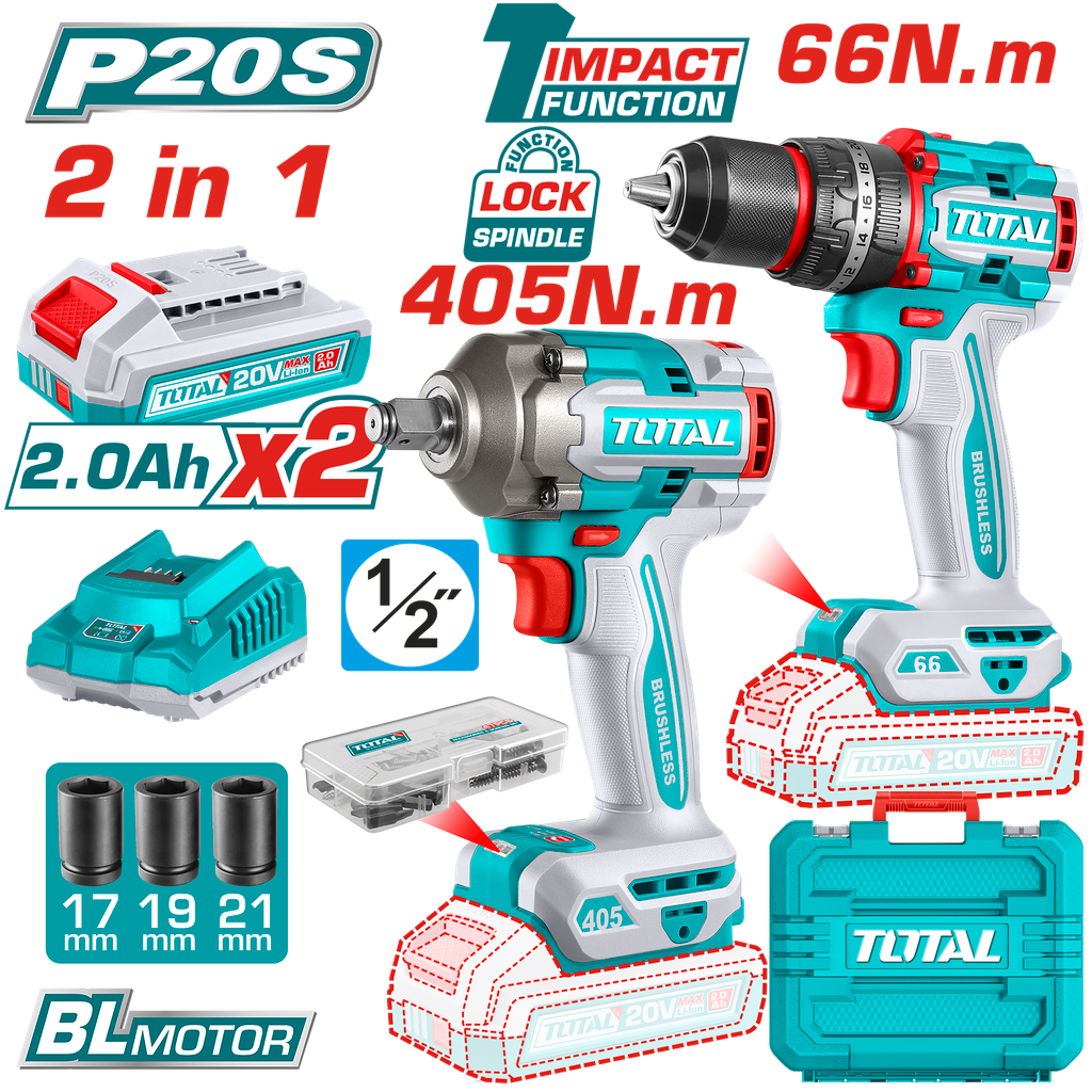 COMBO INALAMBRICO TALADRO 1/2" 66 N.M + PISTOLA IMPACTO 1/2" 20V 405 N.M  INCLUYE 2 BATERIAS 2.0AH , 1 CARGADOR Y ACCESORIOS 