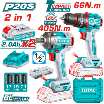 COMBO INALAMBRICO TALADRO 1/2" 66 N.M + PISTOLA IMPACTO 1/2" 20V 405 N.M  INCLUYE 2 BATERIAS 2.0AH , 1 CARGADOR Y ACCESORIOS 