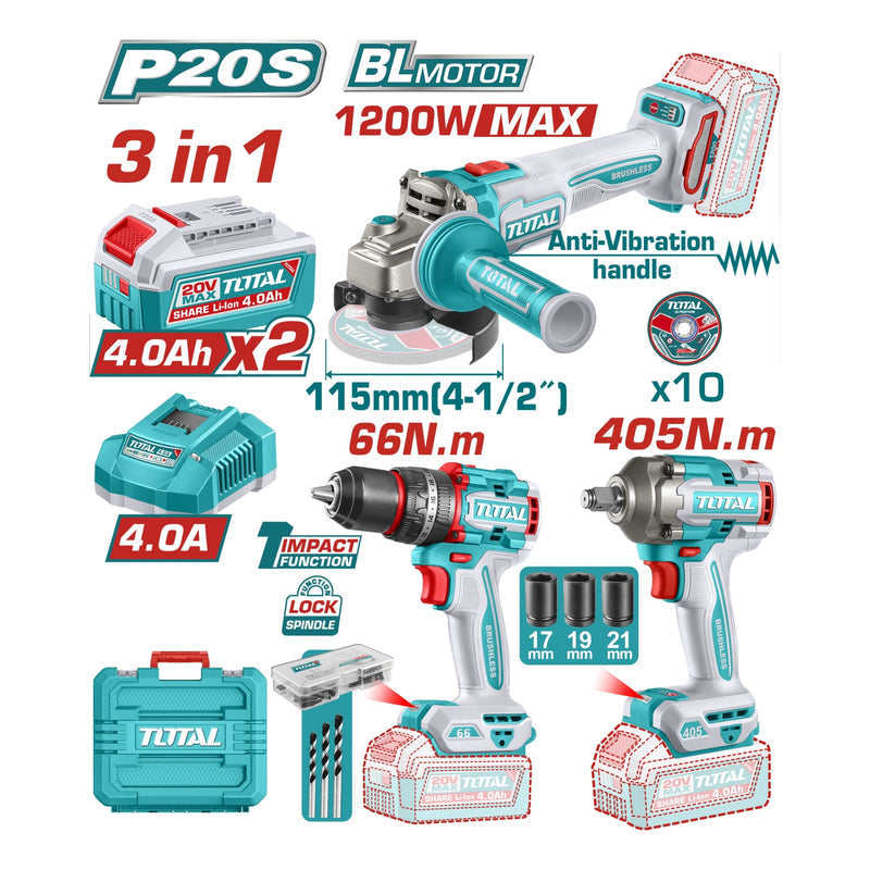 COMBO INALAMBRICO 20V PISTOLA IMPACTO INALAMBRICA 1/2" 405NM +  TALADRO DE IMPACTO 1/2" 66NM + PULIDORA  4 1/2" 1200W  + 2 BA