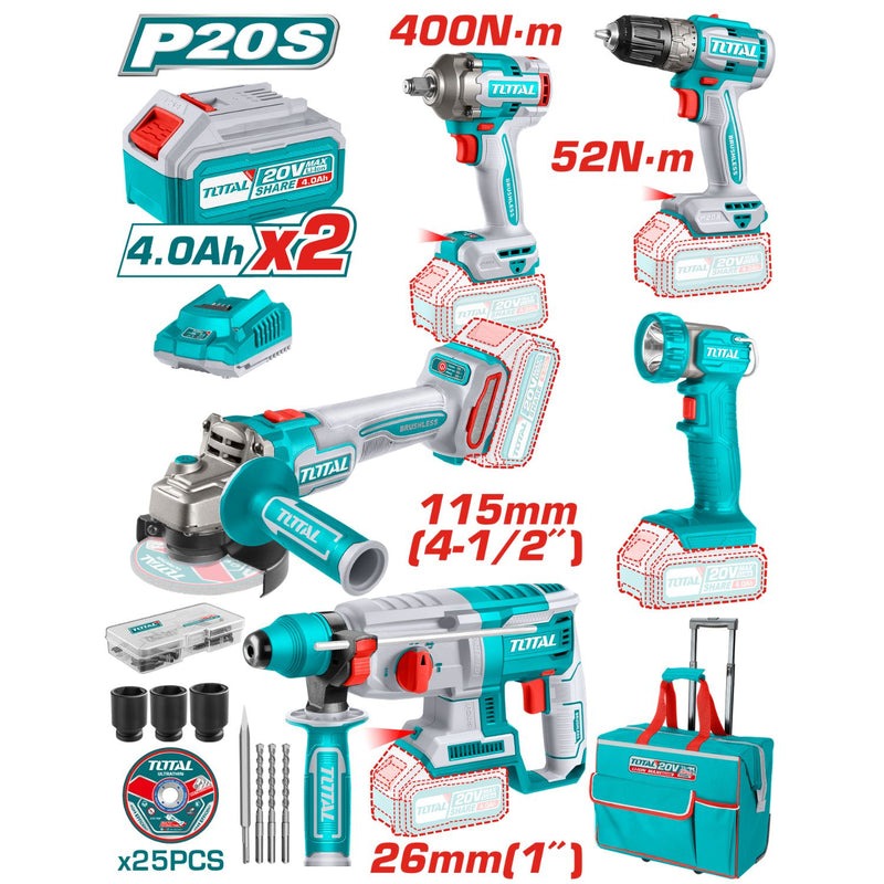 COMBO INALAMBRICO 20V TALADRO 3/8"  52NM + PISTOLA DE IMPACTO 1/2" 400NM + TALADRO ROTOMARTILLO 2,5 JULES +  PULIDORA 4 1/2" 