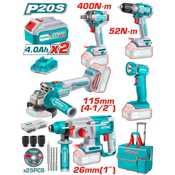 COMBO INALAMBRICO 20V TALADRO 3/8"  52NM + PISTOLA DE IMPACTO 1/2" 400NM + TALADRO ROTOMARTILLO 2,5 JULES +  PULIDORA 4 1/2" 