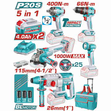 COMBO 20V TALADRO PERCUTOR 1/2 66NM + IMPACTO 1/2 400NM + ROTOMARTILLO 1" SDS PLUS 2.5J + PULIDORA 4 1/2 + LÁMPARA 270LM. INC