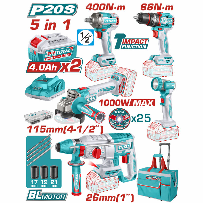 COMBO 20V TALADRO PERCUTOR 1/2 66NM + IMPACTO 1/2 400NM + ROTOMARTILLO 1" SDS PLUS 2.5J + PULIDORA 4 1/2 + LÁMPARA 270LM. INC