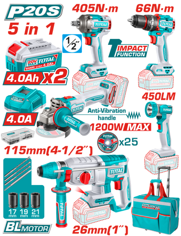COMBO 20V TALADRO ROTOMARTILLO 1"  SDS PLUS 2,5 JULES + PISTOLA IMPACTO INALAMBRICA 1/2" 405NM +  TALADRO DE IMPACTO 1/2" 66N