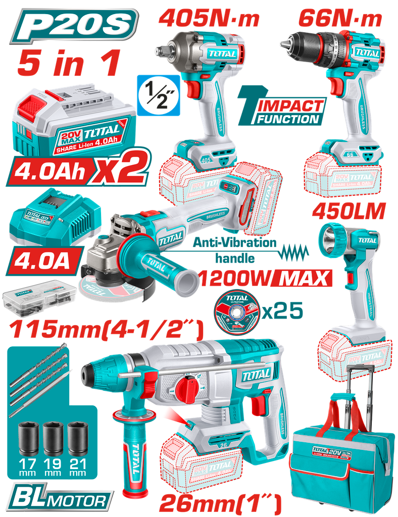 COMBO 20V TALADRO ROTOMARTILLO 1"  SDS PLUS 2,5 JULES + PISTOLA IMPACTO INALAMBRICA 1/2" 405NM +  TALADRO DE IMPACTO 1/2" 66N