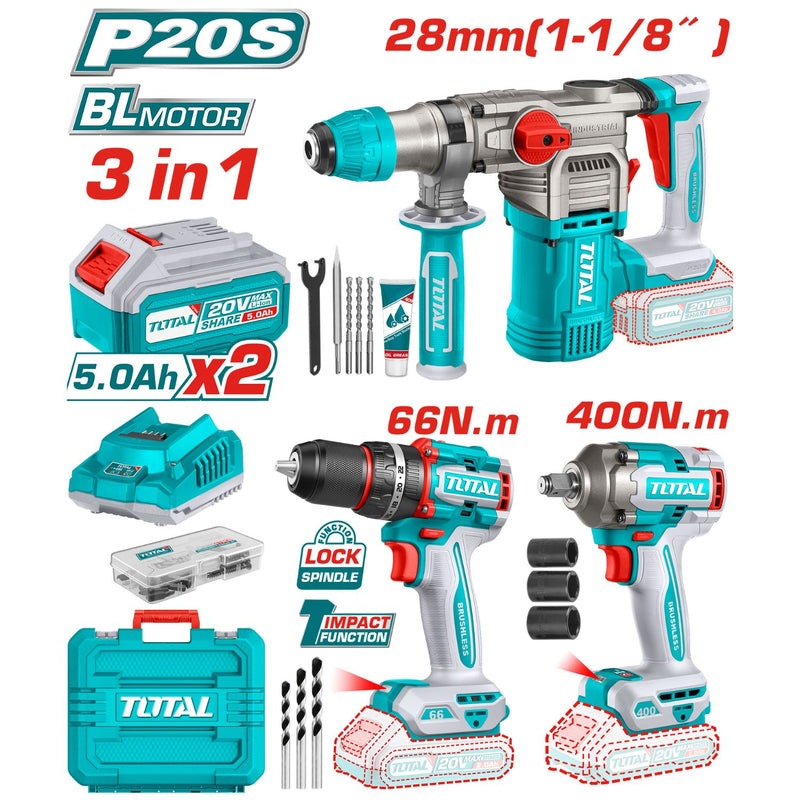 COMBO 20V TALADRO 1/2" 66NM + PISTOLA IMPACTO 1/2" 400NM + ROTOMARTILLO SDS 4.5J + 2 BAT. 5.0AH