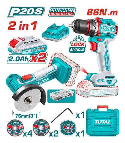 COMBO 20V, TALADRO 1/2  66 N.M + MINI PULIDORA 3" INCLUYE 2 BATERIAS  2.0 AH + CARGADOR  + 7 DISCOS Y 47 ACCESORIOS/ INDUSTRI