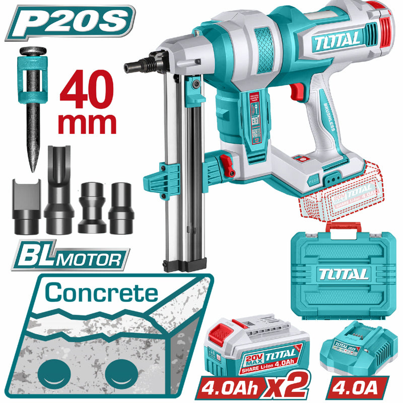 CLAVADORA INALAMBRICA CONCRETO 40MM 20V INCLUYE 2 BATERIAS 4.0AH , CARGADOR Y ACCESORIOS INDUSTRIAL SUPER TOTAL (UTCNLI9008)