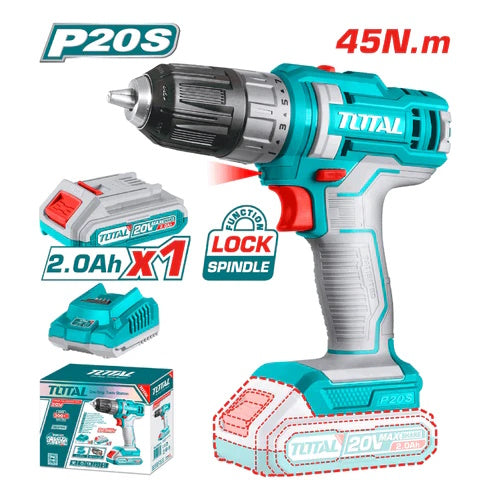 TALADRO 20V 1/32/3/8" 1 BATERIA 2.0Ah Y 1CARGADOR INDUSTRIAL TOTAL