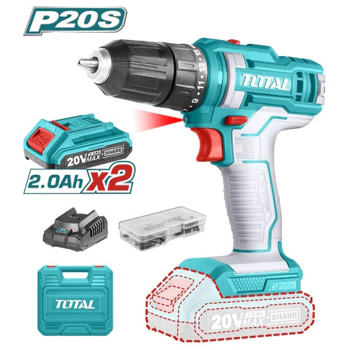 TALADRO 20V 1/32/3/8" 2 BATERIA 2.0Ah, 1CARGADOR Y 47 ACCESORIOS CAJA PLASTICA INDUSTRIAL TOTAL