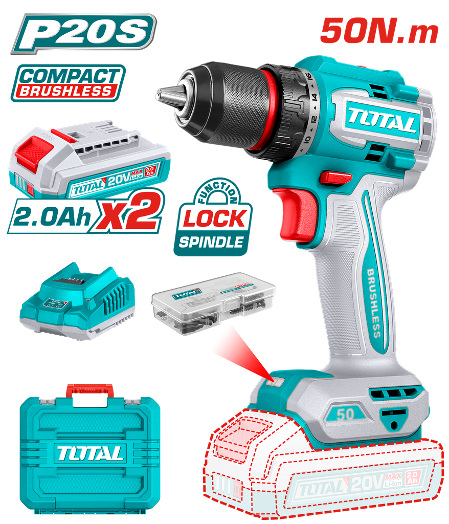 TALADRO INALAMBRICO 1/2" 50 NM 20V CAJA PLASTICA INCLUYE 2 BATERIA 2.0AH, 1 CARGADOR Y ACCESORIOS INDUSTRIAL SUPER TOTAL (UTD
