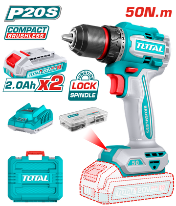 TALADRO INALAMBRICO 1/2" 50 NM 20V CAJA PLASTICA INCLUYE 2 BATERIA 2.0AH, 1 CARGADOR Y ACCESORIOS INDUSTRIAL SUPER TOTAL (UTD