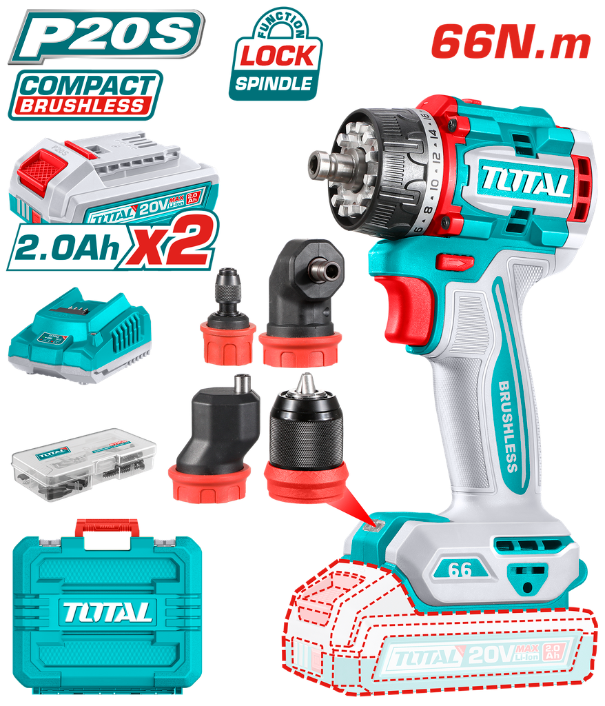 TALADRO ATORNILLADOR MULTICABEZAL 20V 66NM INCLUYE 2 BATERIAS 2.0AH, CARGADOR Y ACCESORIOS INDUSTRIAL SUPER TOTAL (UTDLI20668