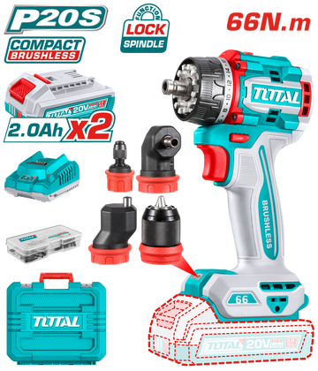 TALADRO ATORNILLADOR MULTICABEZAL 20V 66NM INCLUYE 2 BATERIAS 2.0AH, CARGADOR Y ACCESORIOS INDUSTRIAL SUPER TOTAL (UTDLI20668