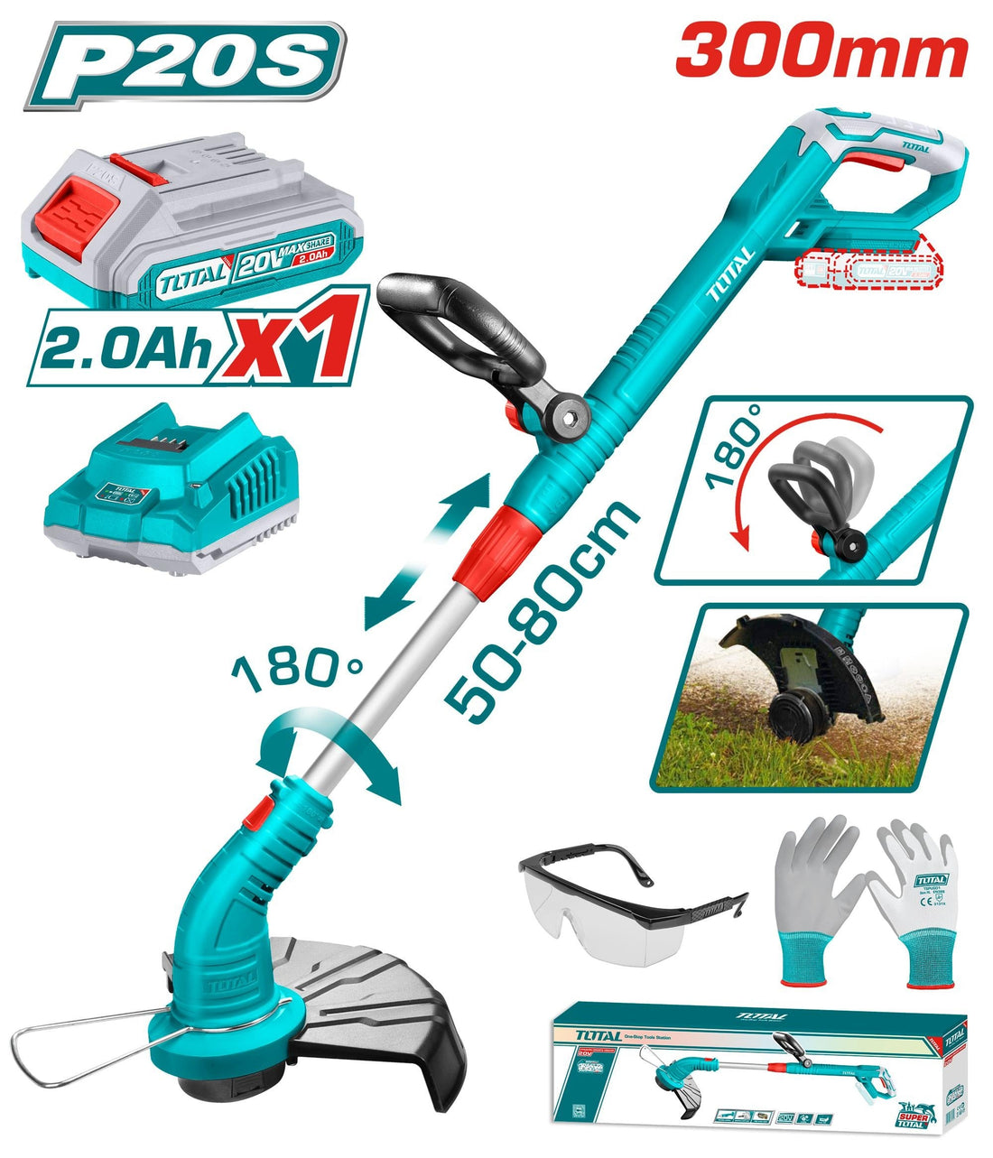 GUADAÑADORA INALAMBRICA EXPANDIBLE 20V INCLUYE 1 BATERIA 2.0AH, CARGADOR Y ACCESORIOS TOTAL